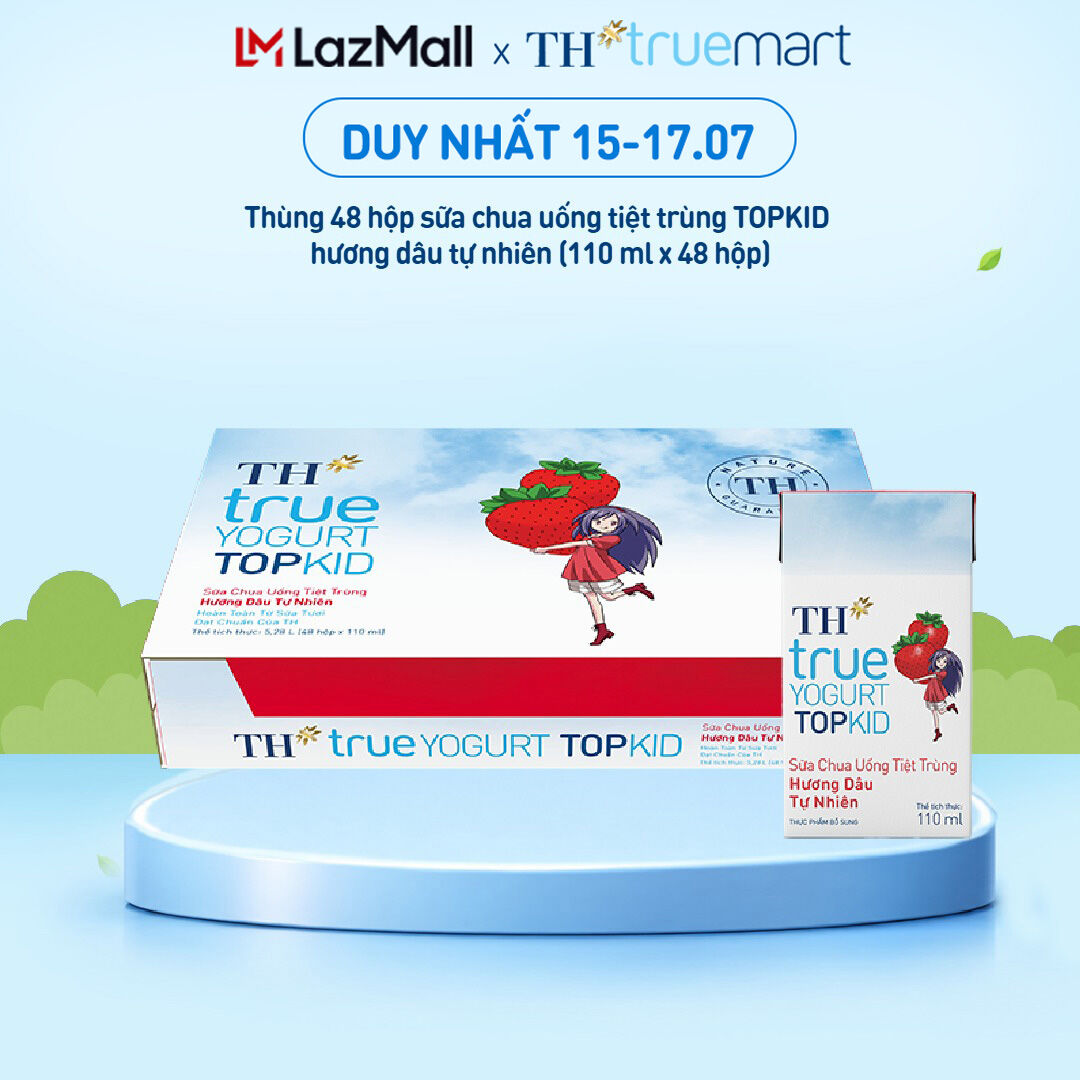 Thùng 48 hộp sữa chua uống tiệt trùng TH true YOGURT TOPKID hương dâu tự nhiên 110 ml (110 ml x 48)