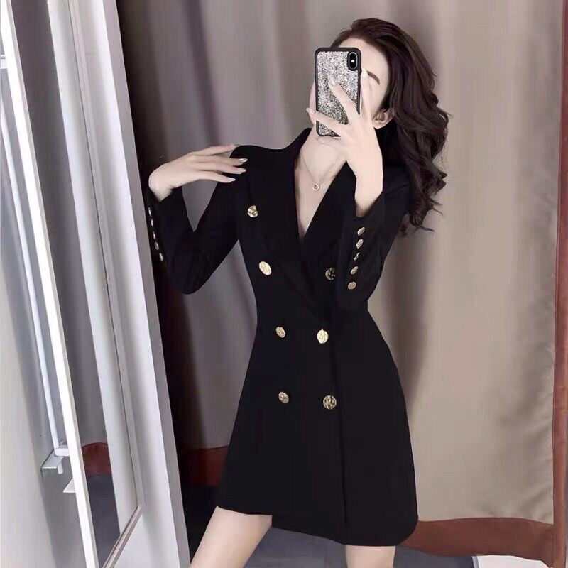 Đầm vest đen phối nút phong cách Retro Pháp sang trọng