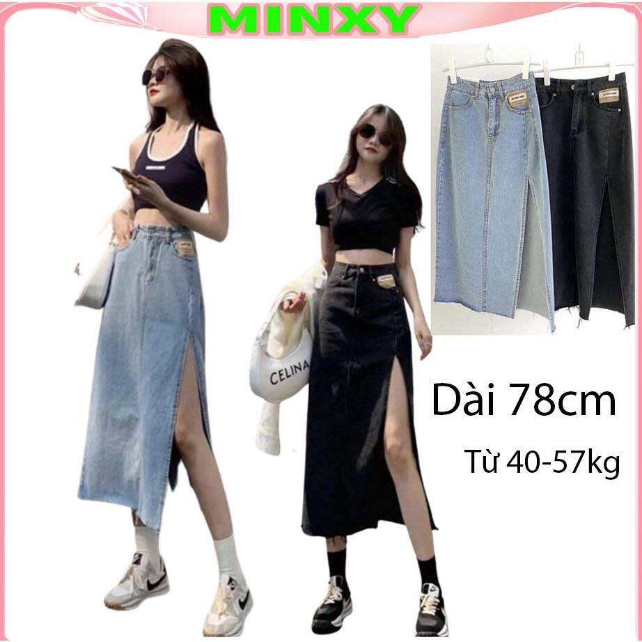 Chân váy Jean mác da dài dáng cv bò jeans chữ A xẻ tà ,chân váy bò cạp cao phong cách Hàn Quôc-MINXY SHOP