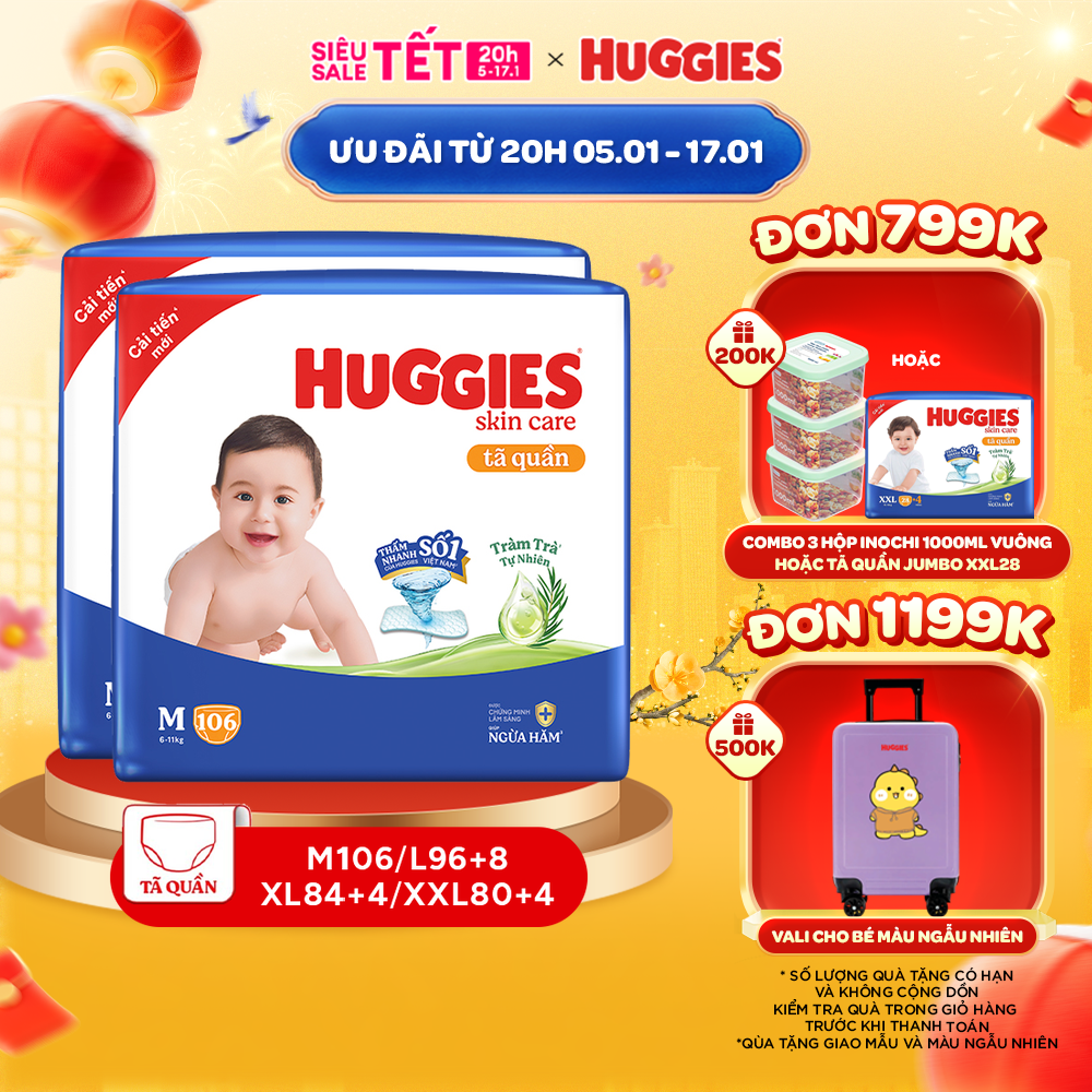 Combo 2 gói Tã/ bỉm quần Huggies Skincare Mega Jumbo M106/L96+8/XL84+4/XXL76+4 với tràm trà dịu da