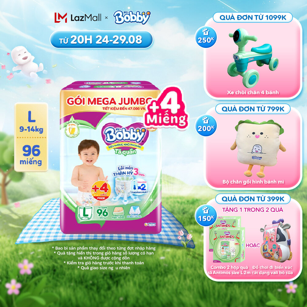 [Tặng thêm 4 miếng] Tã/bỉm quần Bobby 3mm Gạo non L96