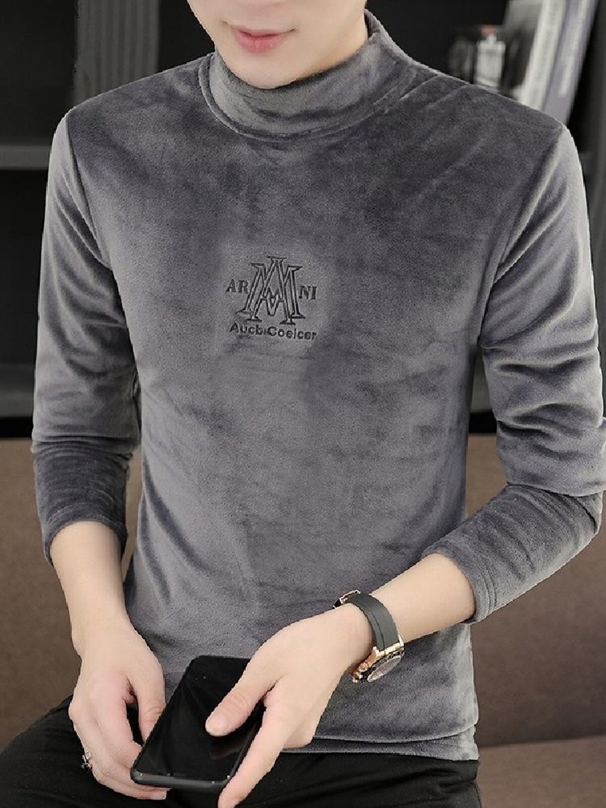 Áo Thun Nam Dài Tay Cổ Cao Lông Cừu Hai Mặt Thời Trang Mùa Thu Đông Phong Cách Hàn Quốc Áo Nỉ Lót Lông Cừu Áo Hoodie