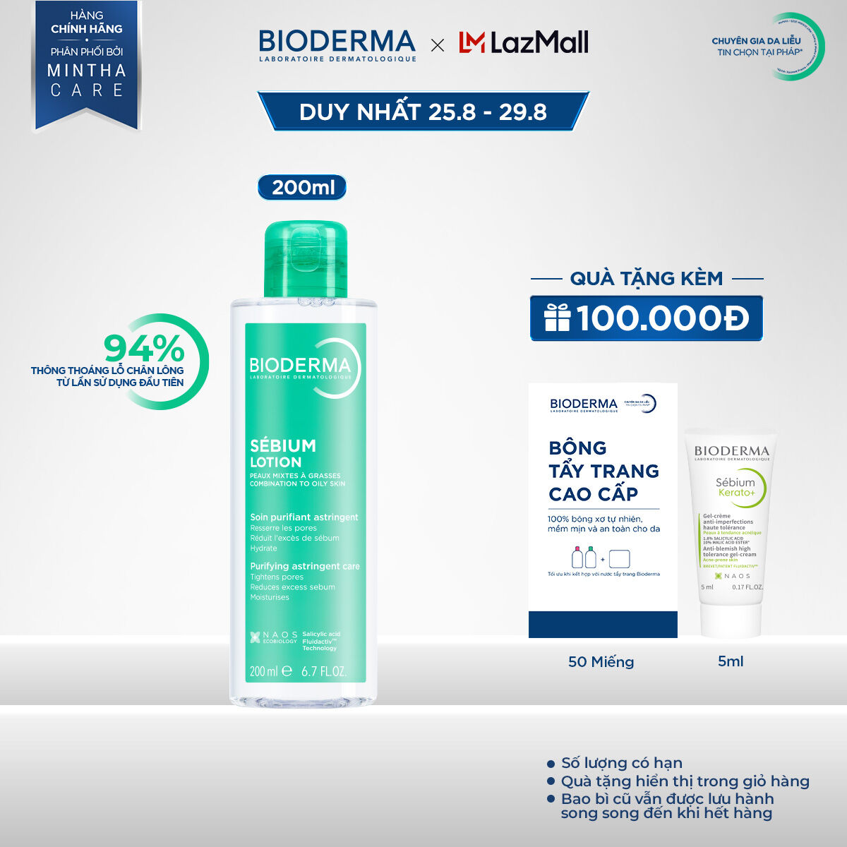 Dung dịch cân bằng da và bã nhờn cho da hỗn hợp và da dầu Bioderma Sebium Lotion - 200ml