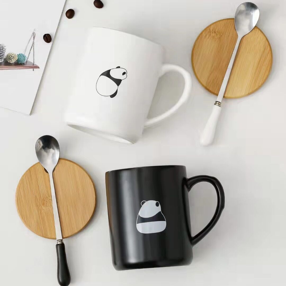 Cốc cafe sứ Hình gấu Panda Đơn giản có Nắp Mug Cốc trà Cốc uống nước tặng Thìa
