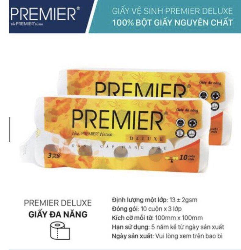 2 bich giấy vệ sinh cao cấp premier deluxe 10 cuộn 3 lớp 1,5kg