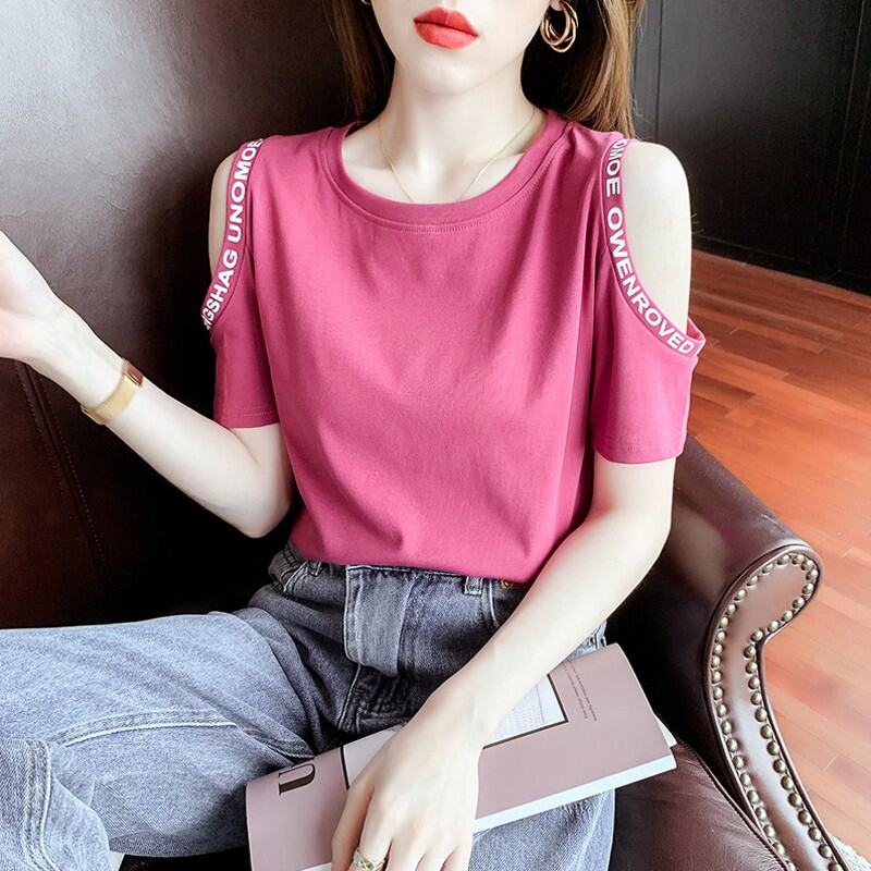 Áo Thun 2023 Cotton Áo Tay Lửng Hở Vai Thiểu Số Cảm Giác Thiết Kế Tôn Dáng Gầy Dễ Phối Mùa Hè Mẫu Mới Cho Nữ