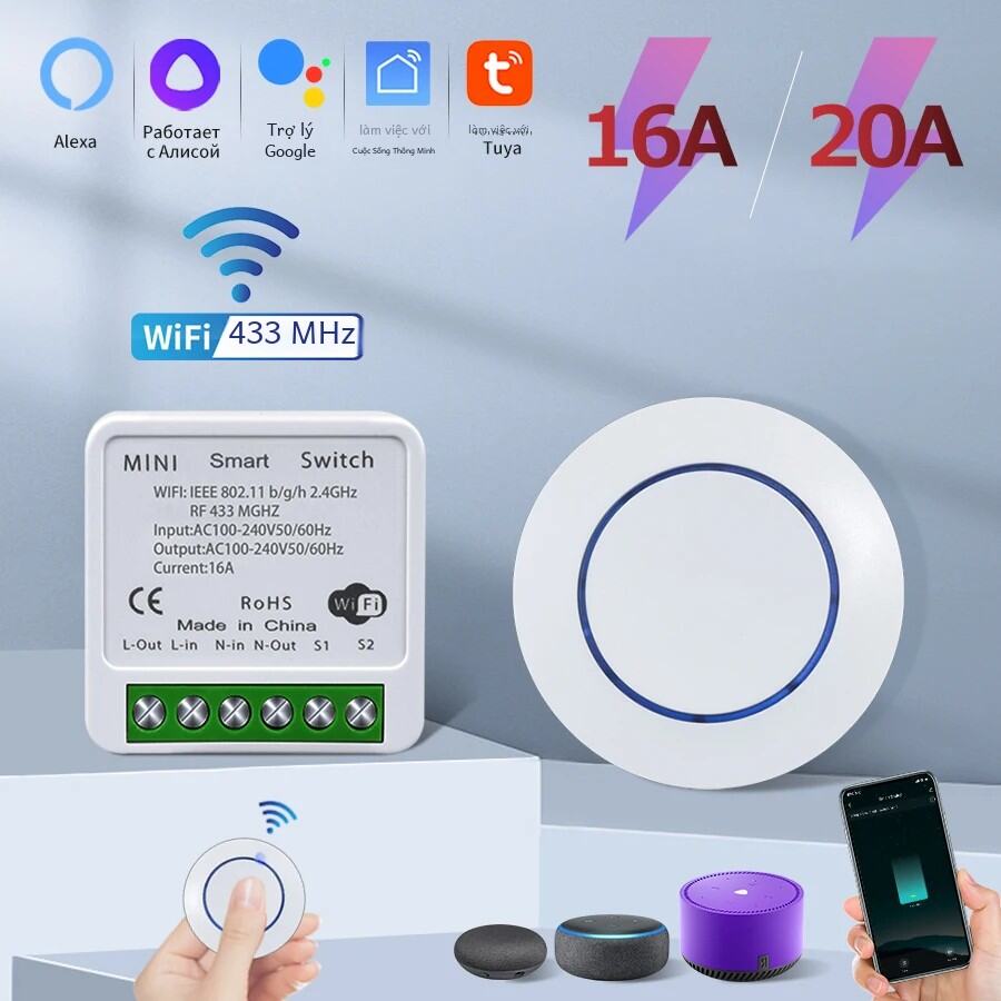 Tuya Wifi Công Tắc Thông Minh 20a 16a Rf 433 MHz Không Dây Tiếp Thu Mini Bảng Điều Khiển Tròn Điều Khiển Giọng Nói Tương Thích Với Alexa Google Home Alice Cho Nhà Tự Động Hóa