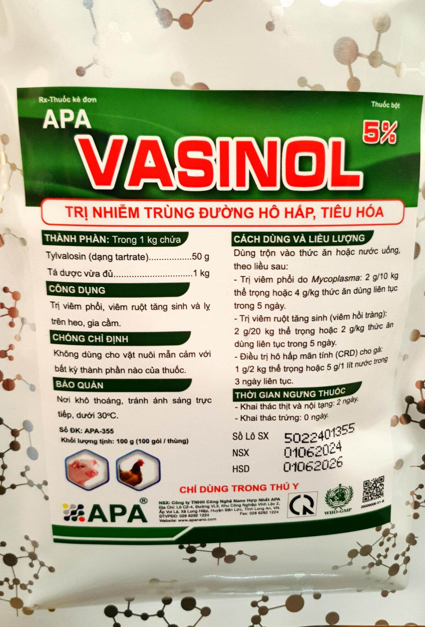 VASINOL 5% (100gr) - Kháng sinh thế hệ mới, mạnh hơn Tylosin gấp 10 lần. Đặc hiệu trong điều tr.i hen, khò, sưng mặt cho gà đá (Tyvalosin)