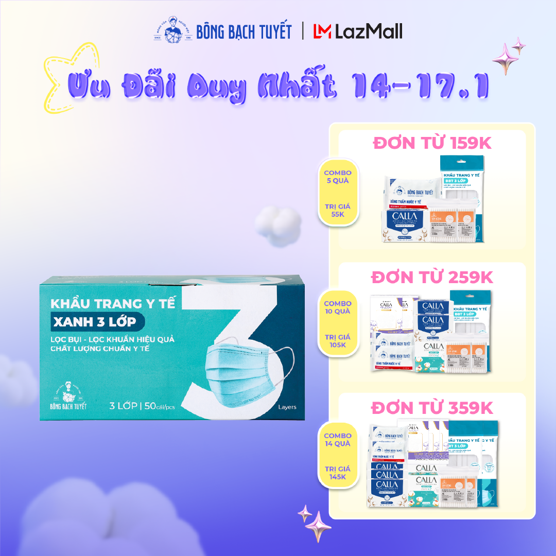 Khẩu trang Bông Bạch Tuyết 3 lớp xanh (50 cái/hộp)