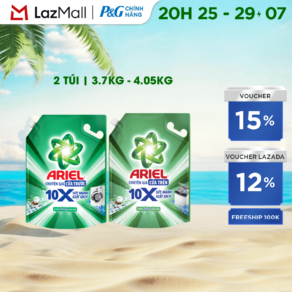 Combo 2 Nước Giặt Gel ARIEL 10X Sức Mạnh Giặt Sạch Chuyên Gia Cửa Trước-Cửa Trên Hương Downy Nắng Sớm Túi 3.7KG/ 4.05KG