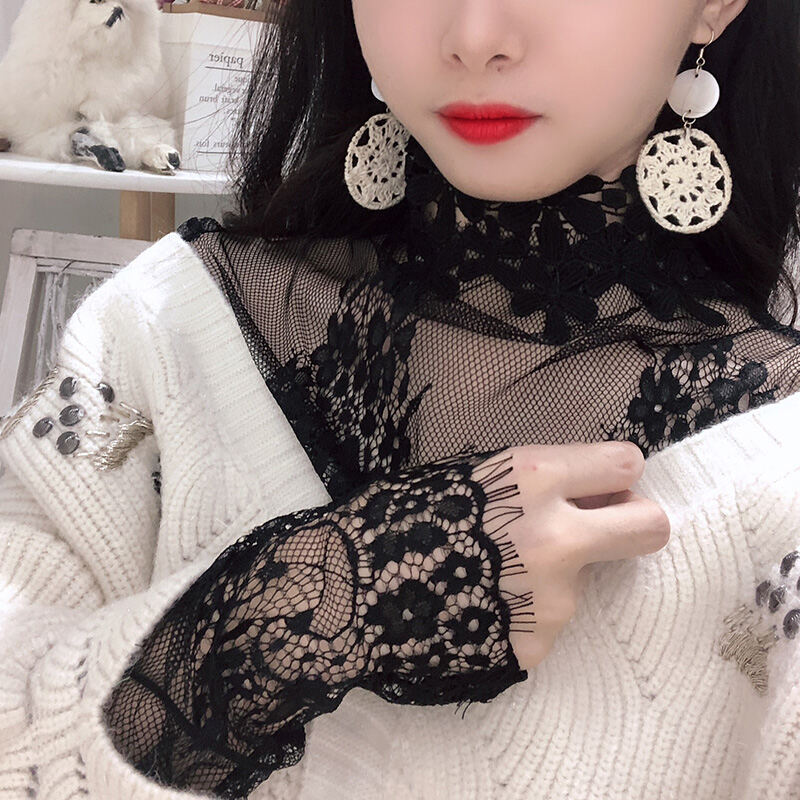 Áo Sơ Mi Ren Dài Tay Mỏng Mùa Thu Áo Lót Trong Suốt Màu Trắng Phong Cách Hàn Quốc Đa Năng Cho Nữ Áo 