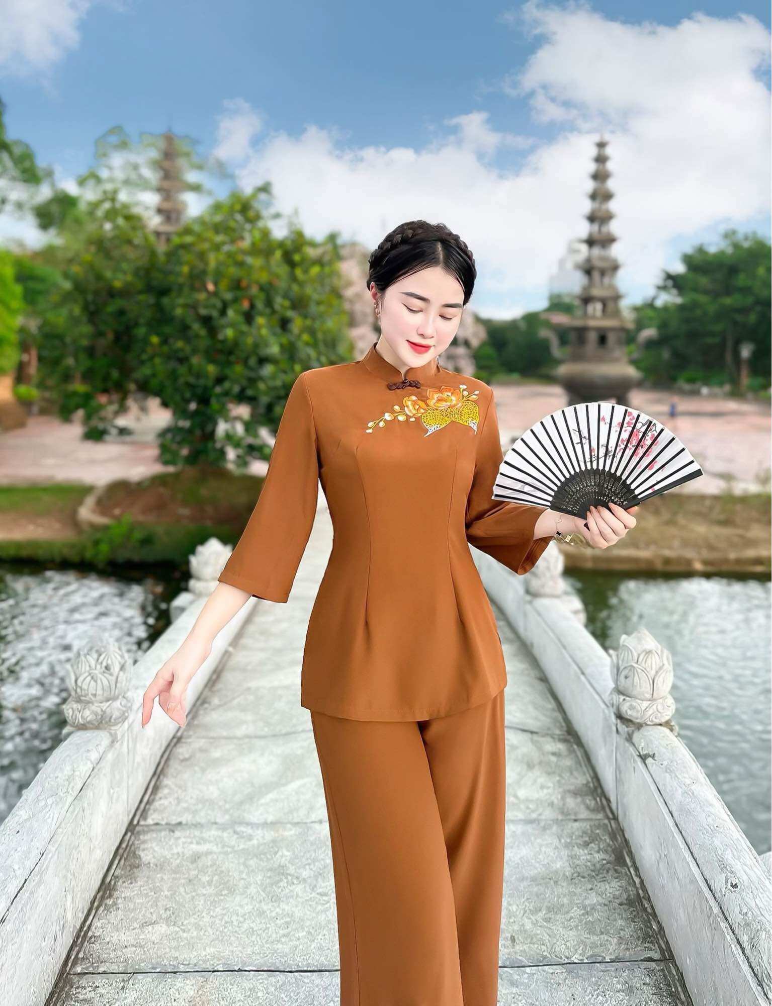 Set lam/Pháp phục trang nhã lụa hàn thêu bồ đề Diệu Hạnh cao cấp