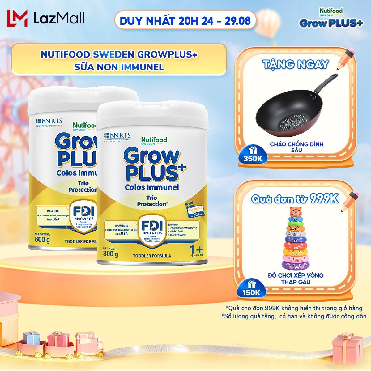 Combo 2 sữa bột nutifood sweden growplus+ sữa non immunel từ 1 - 2 tuổi lon 800 g