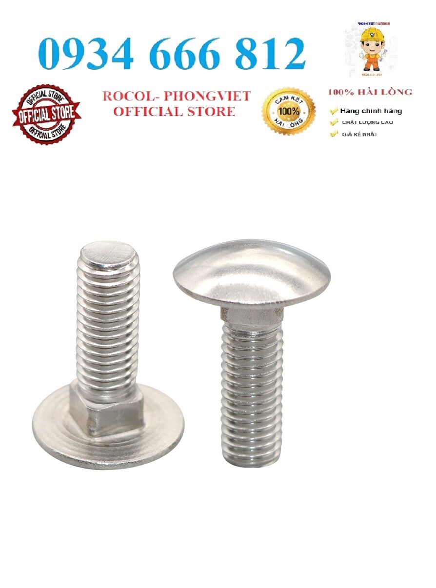 Set 10 cái m8 bulong đầu tròn cổ vuông inox304 m8
