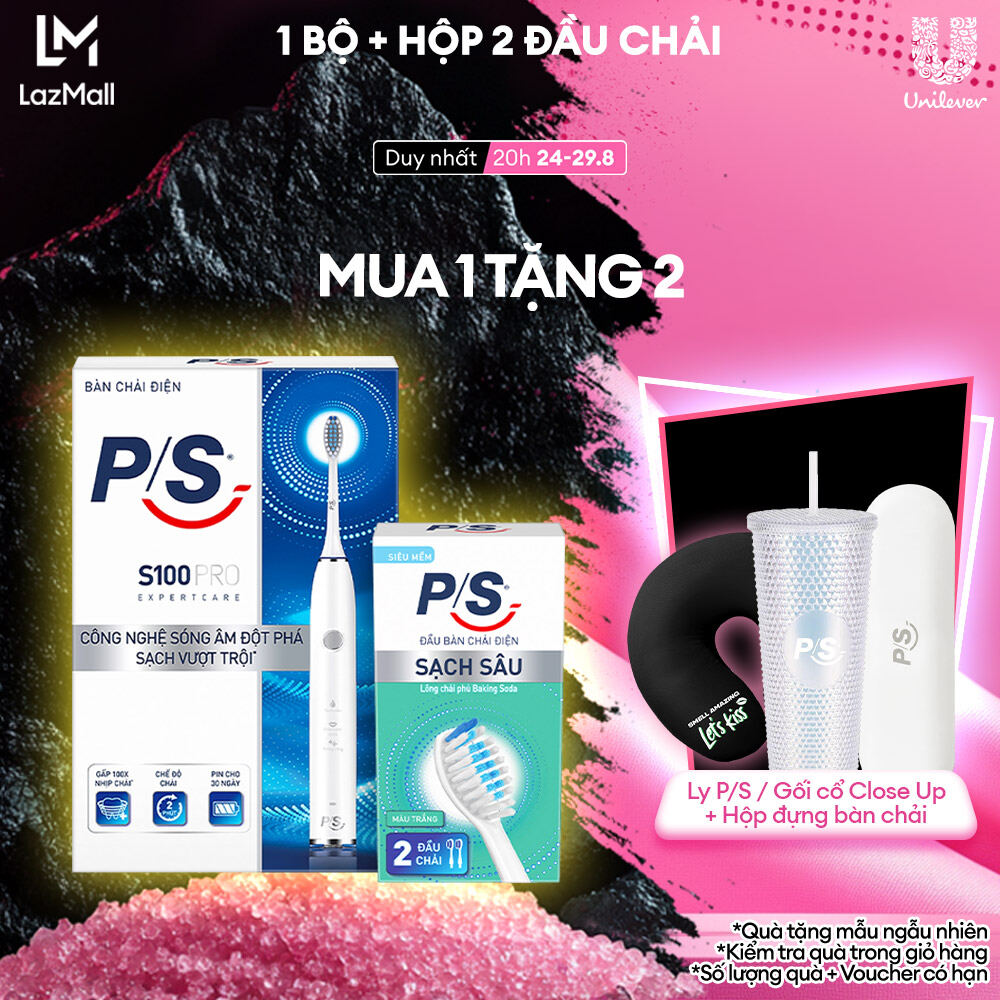 Bộ bàn chải điện p/s s100 pro màu trắng & bộ 2 đầu chải thay thế sạch sâu