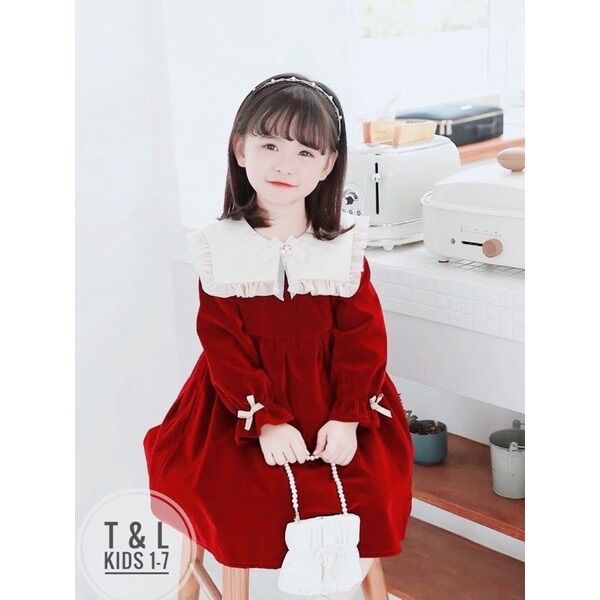 Váy nhung đỏ phối cổ ren công chúa cho bé- Váy đỏ diện tết cho bé