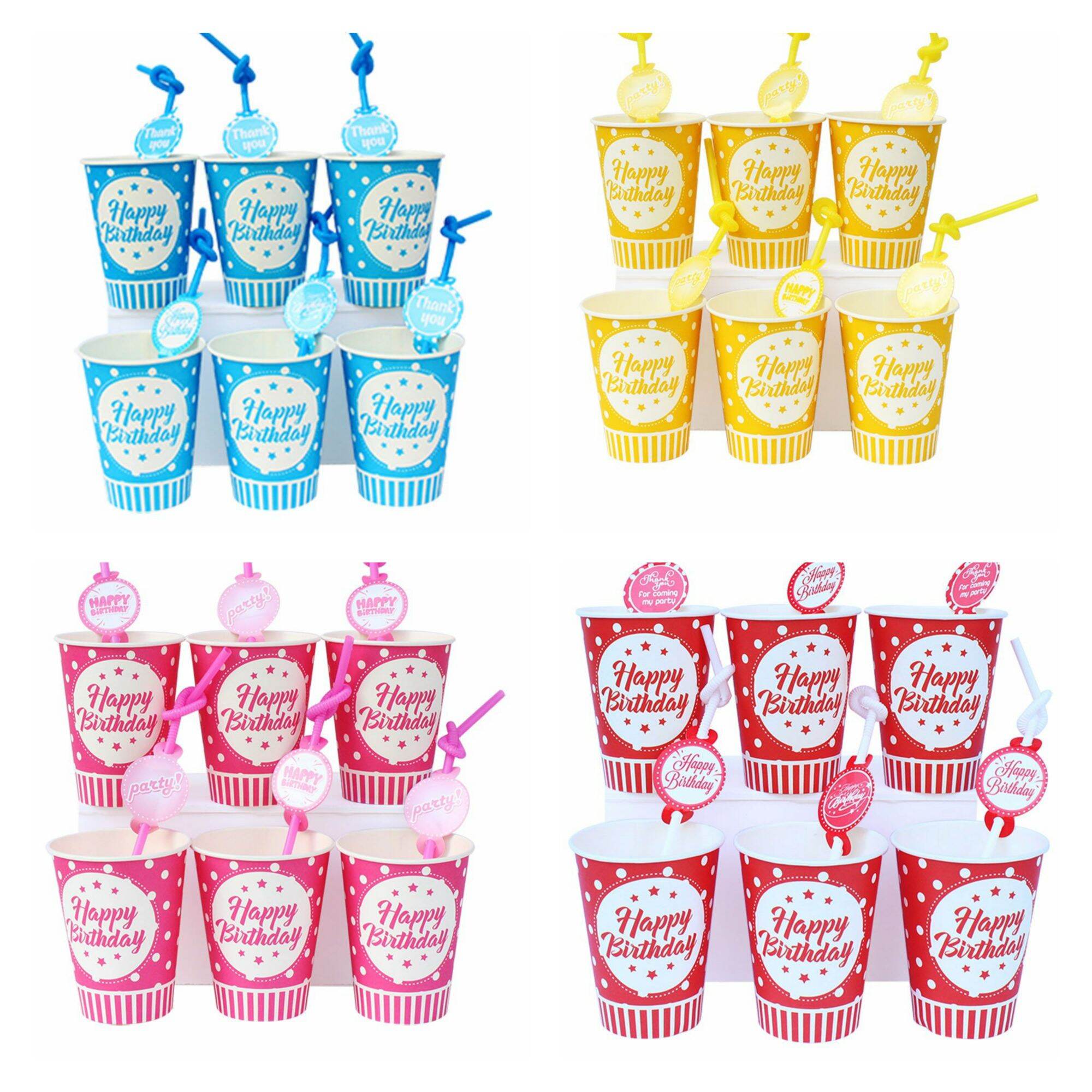 Set 6 cái ly giấy kèm ống hút chủ đề màu trơn