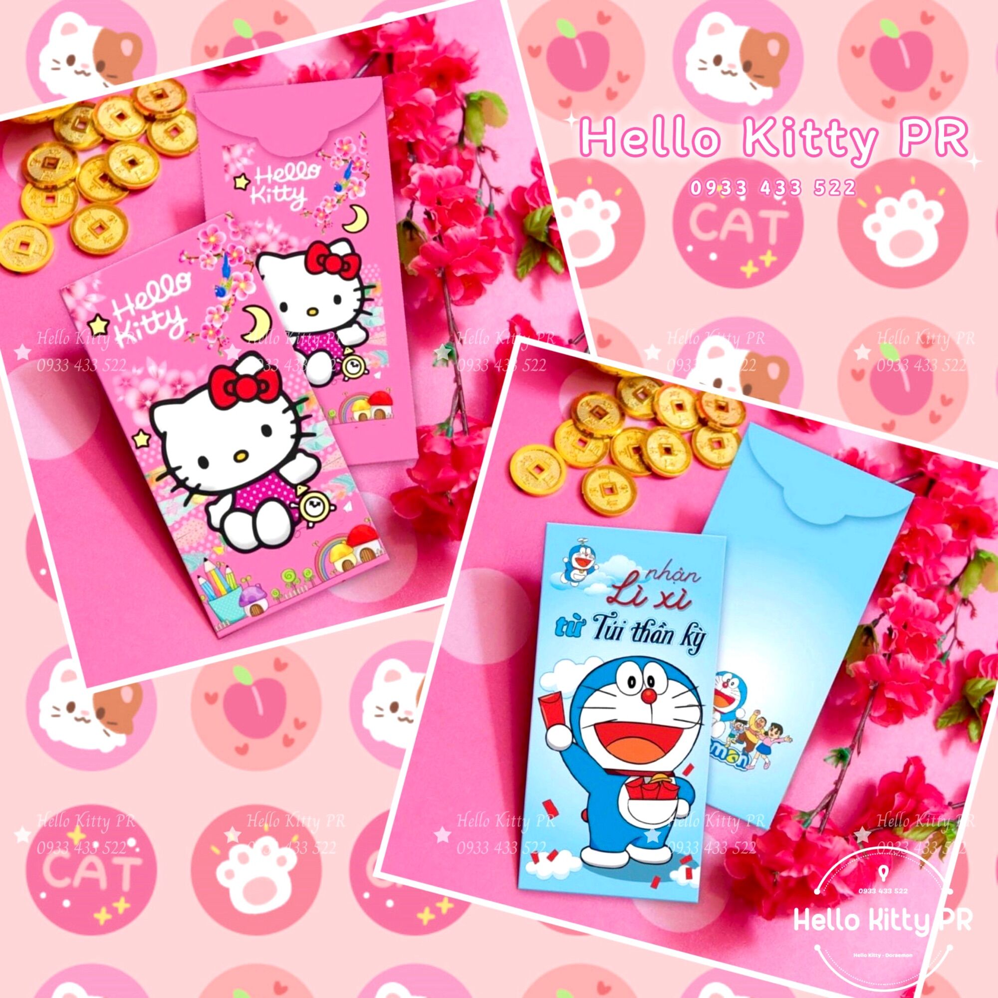 [Freeship Max] Bao lì xì gấu dâu Lotso - HelloKitty PR - Doremon Doraemon
