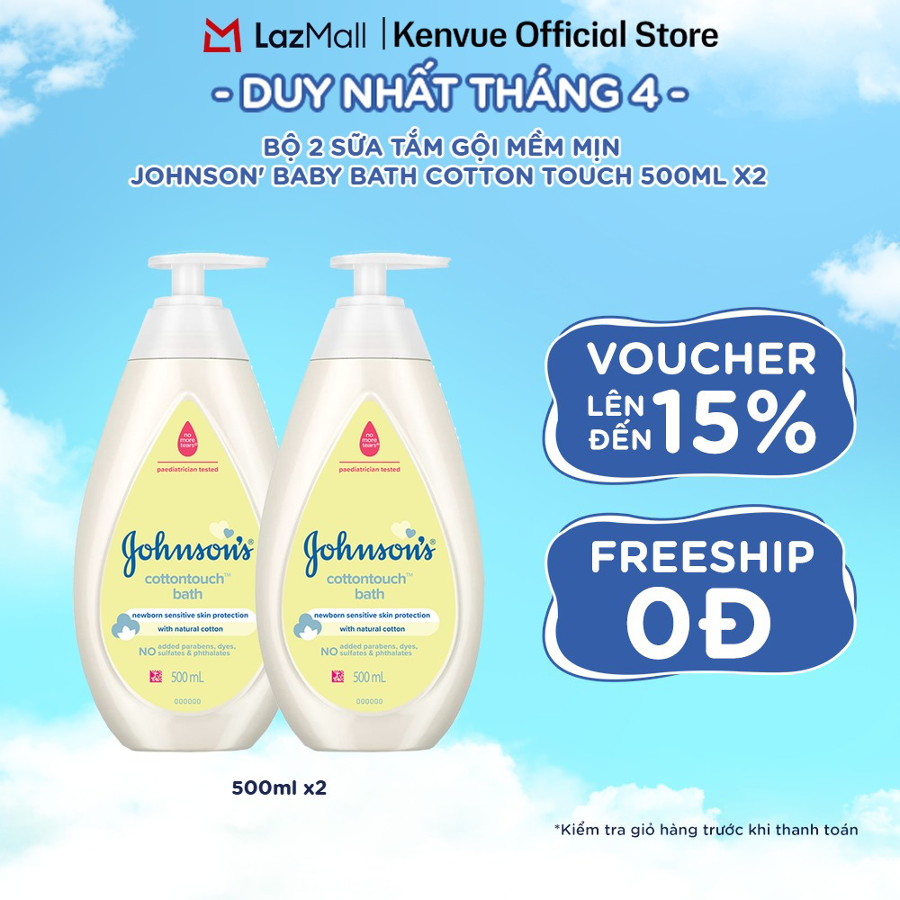 Combo 2 Chai Sữa Tắm Gội Toàn Thân Mềm Mịn Johnson' Baby Bath Cotton Touch 500mlx2