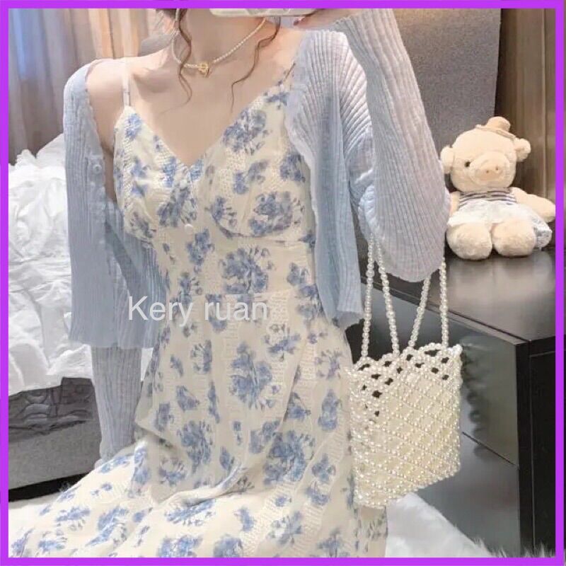 TK04 Set váy voan hai dây ren nổi kết hợp áo khoác cardigan cùng màu thời trang cho nữ, đầm hai dây họa tiết hoa dáng dài đi biển Kery shop