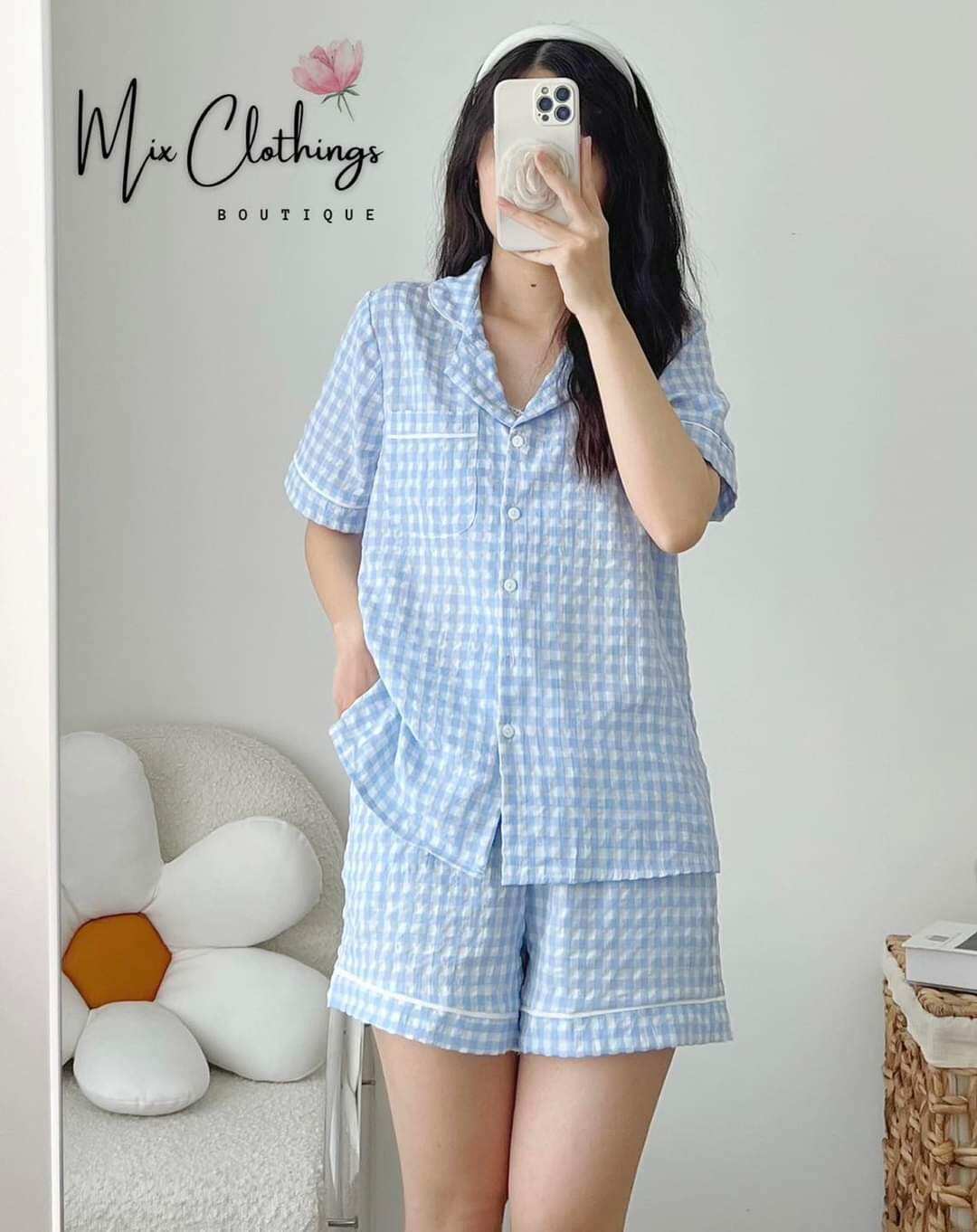 Sét bộ đùi pyjama kẻ xốp cổ vét