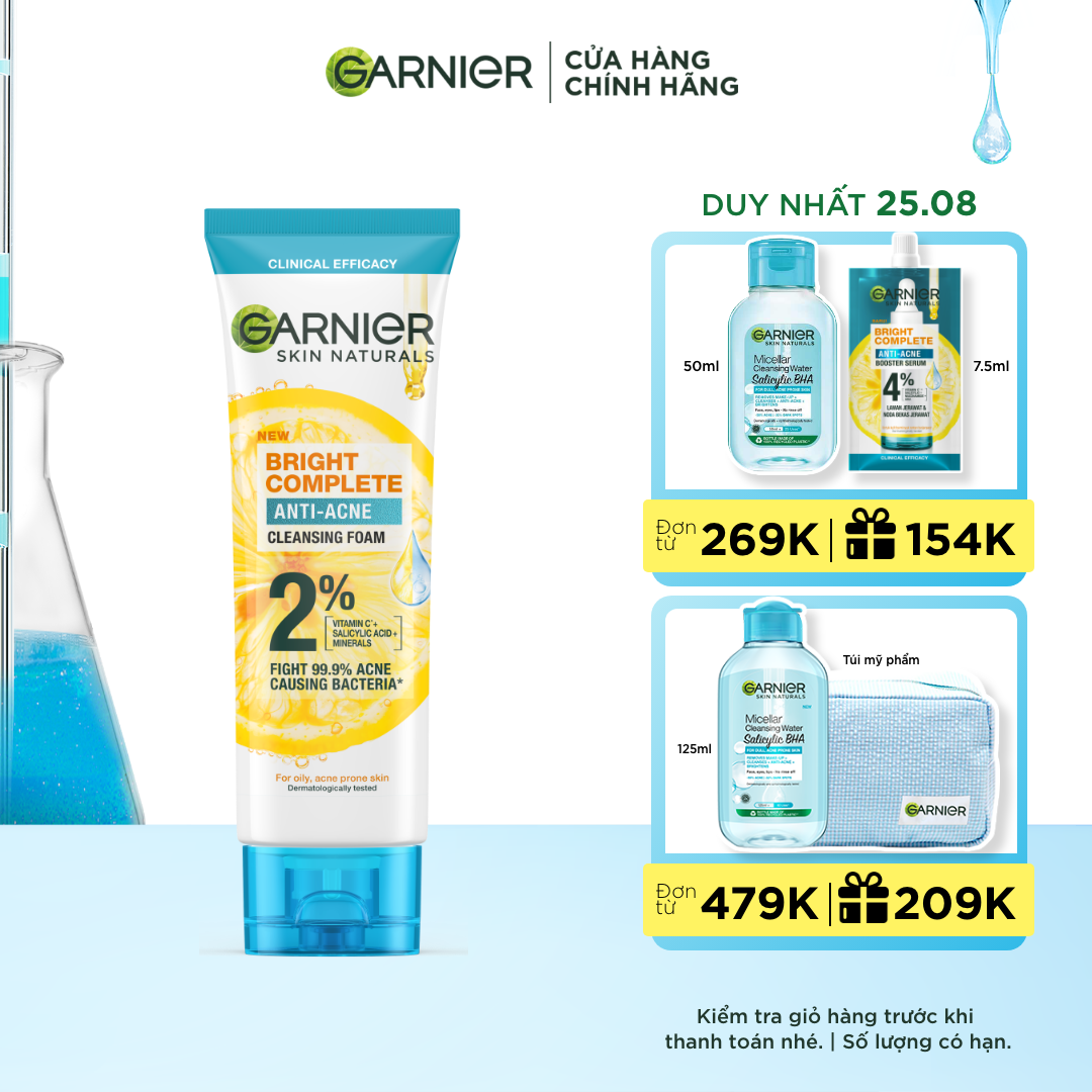 Sữa rửa mặt 3-trong-1 giảm mụn & sáng da Garnier Bright Complete Anti-Acne Foam 100ml
