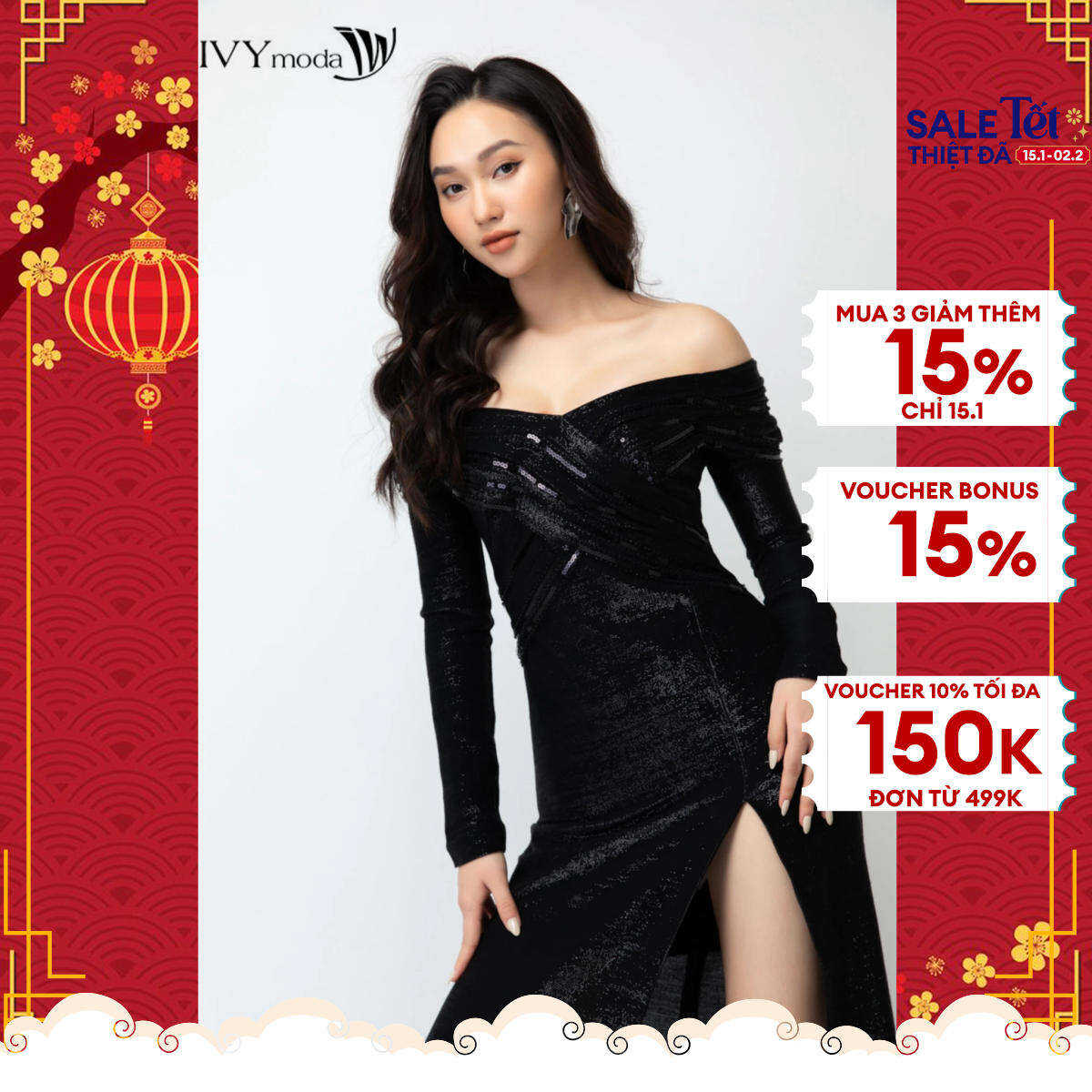 Đầm dạ hội trễ vai đính kim sa IVY moda MS 45S2320