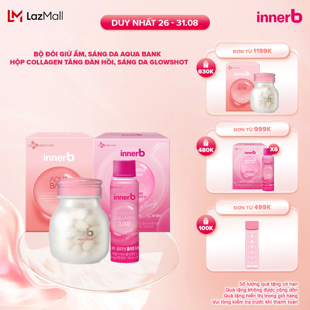 Bộ đôi giữ ẩm, sáng da InnerB Aqua Bank lọ 56 viên & nước uống Collagen hộp 6 chai