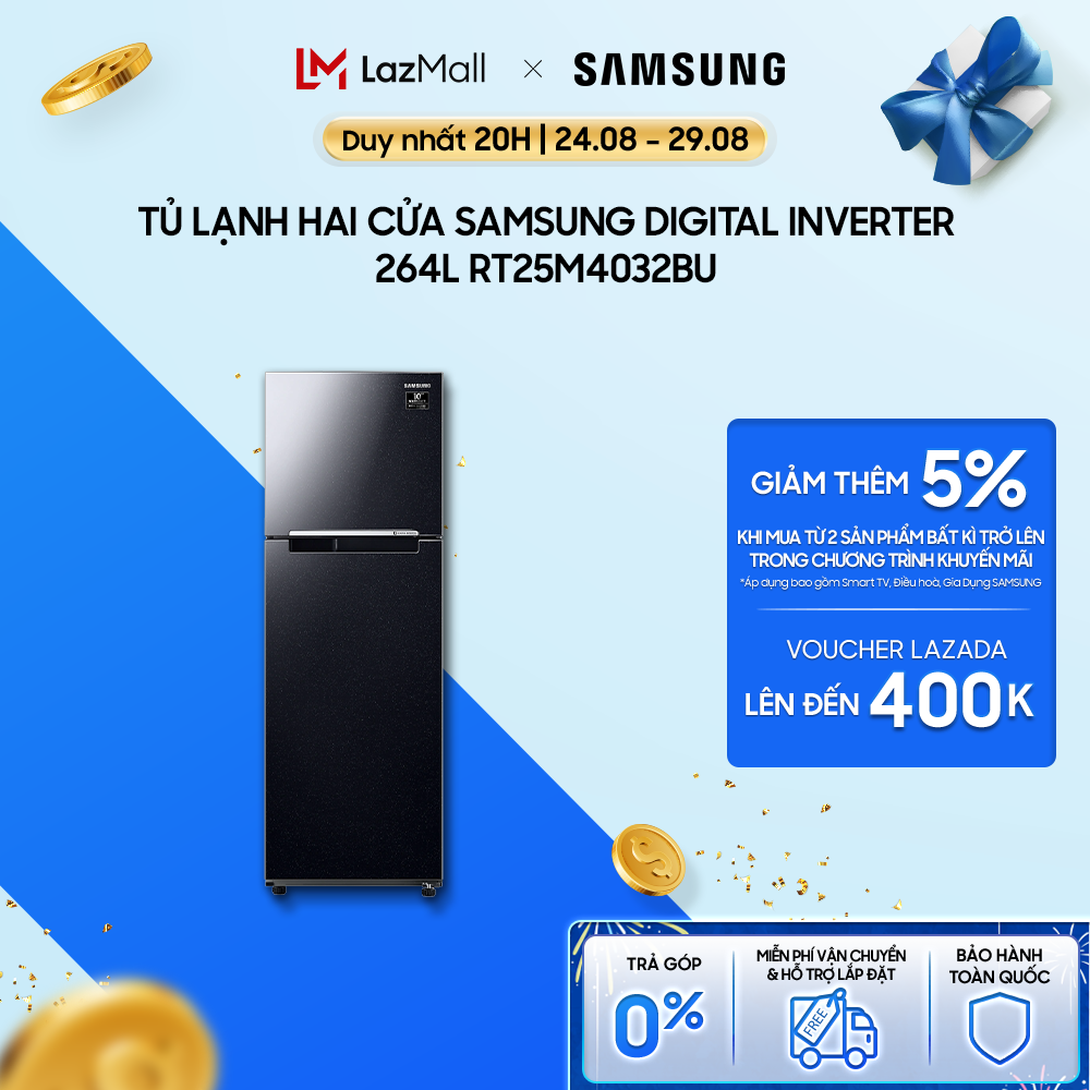 Tủ Lạnh Samsung Ngăn Đông Trên với Digital Inverter 264L màu Đen RT25M4032BU/SV