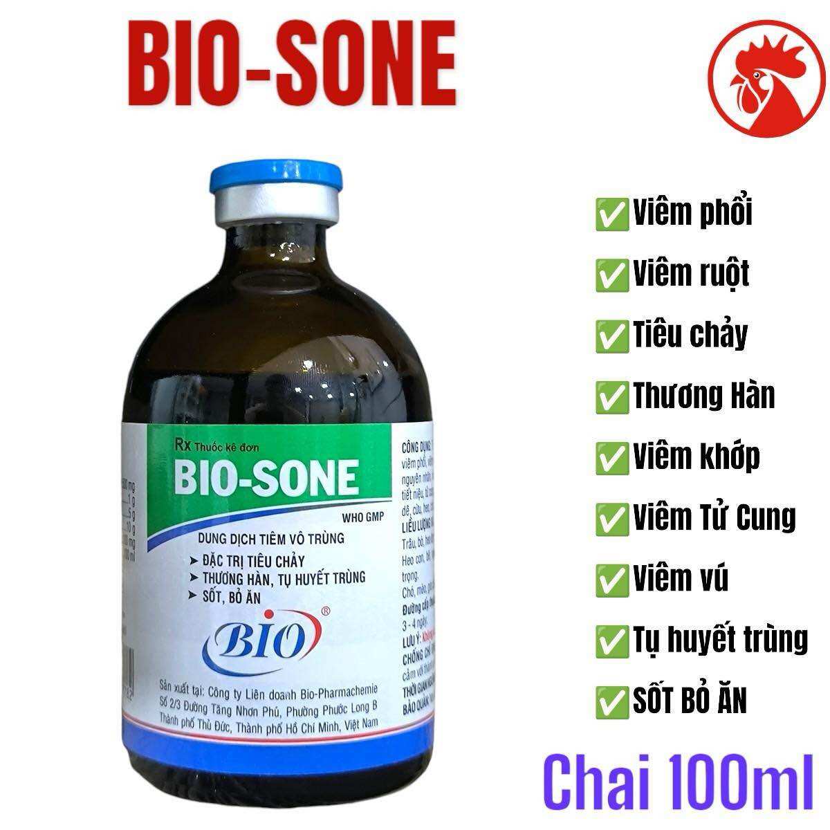 Bio Sone 100ml, 20ml trị tiêu chảy, tụ huyết trùng, thương hàn, sốt bỏ ăn không rõ nguyên nhân trên gia súc, gia cầm, gà đá, heo