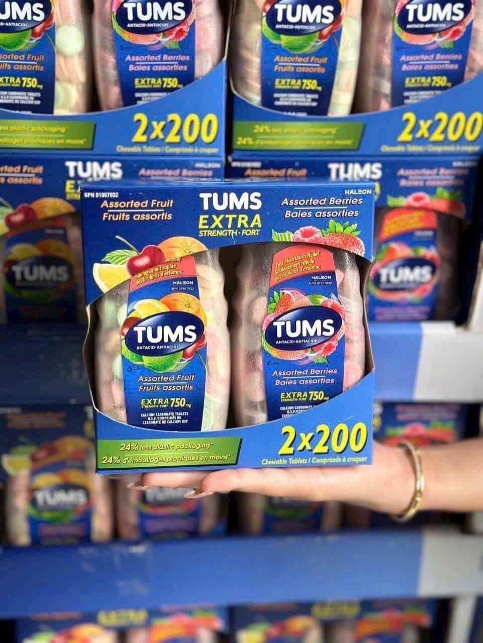 Viên nhai hỗ trợ Tiêu Hoá Tums Antacid Extra Strength Fort 750mg Assorted Berries & Assorted Fruits 200 viên của Mỹ 🍉🍇