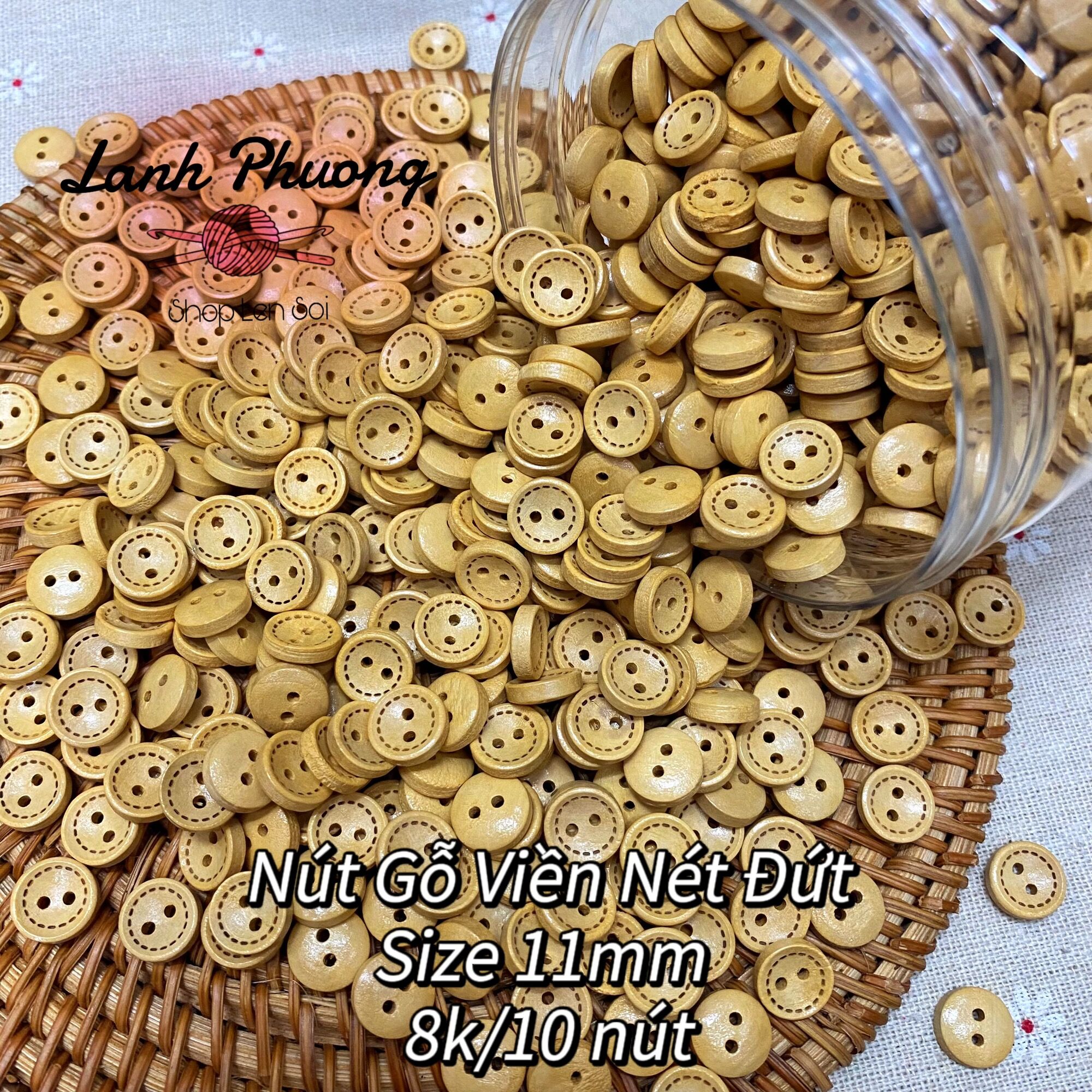Nút Gỗ Viền Nét Đứt Vàng Sáng (set 10 cái)