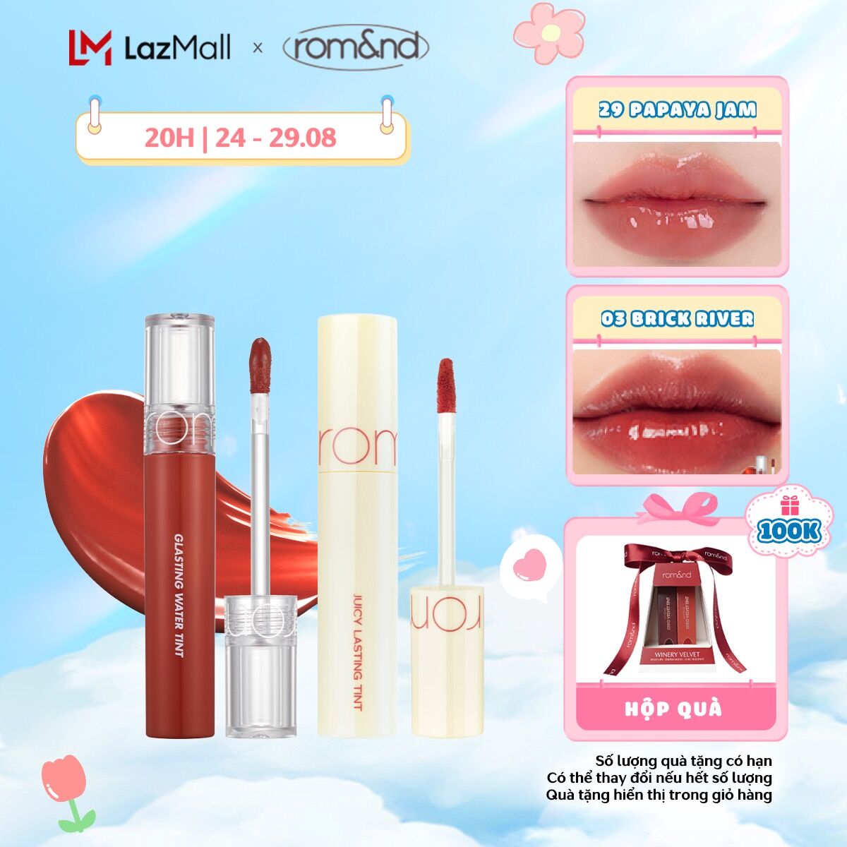Combo Son Tint bóng lì Hàn Quốc Romand Juicy Lasting Tint 5.5g + Son tint nước Romand Glasting Water Tint 4g