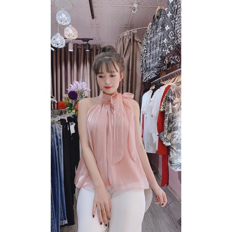 Áo tơ óng cổ yếm cột nơ