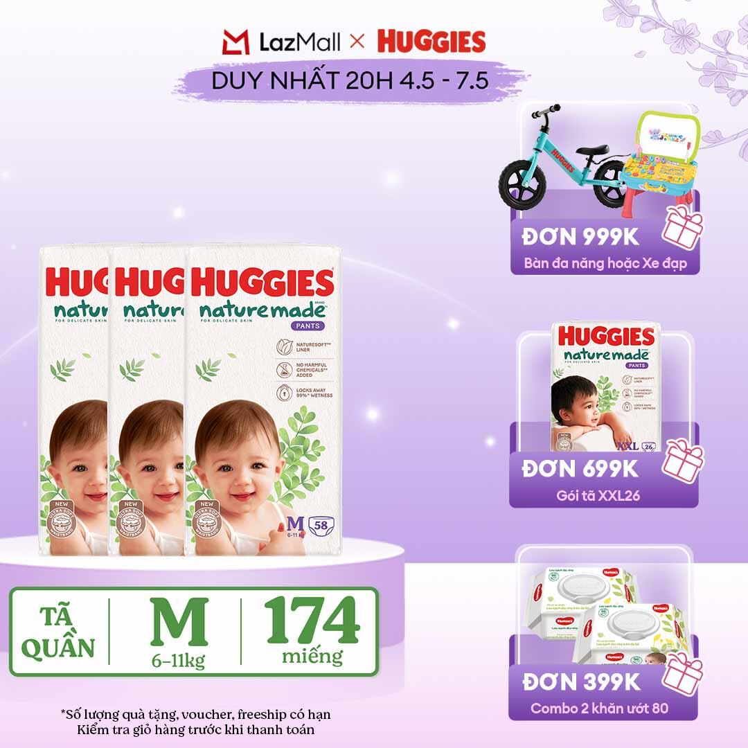 [CHỈ 20h 04-07.05 QUÀ TẶNG ĐƠN 399K](Mua 1 tặng 1) Combo 3 Tã/Bỉm quần HUGGIES PLATINUM NatureMade M58 (6-11kg)-Gói Super Jumbo 58 miếng