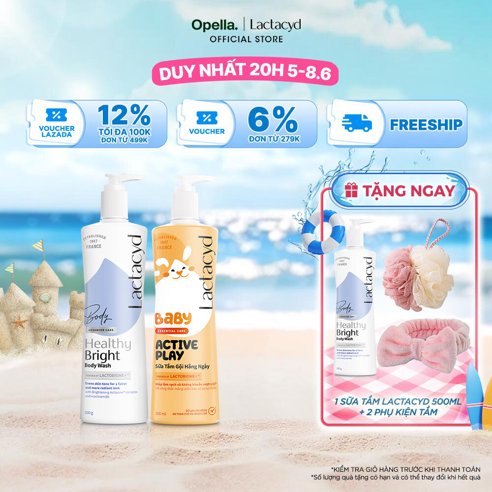 Bộ 1 Sữa tắm Lactacyd Healthy Bright làm đều màu da, mang lại làn da sáng khỏe, rạng rỡ và tự tin + 1 Sữa Tắm Gội Trẻ em Lactacyd Baby Active Play 500ml