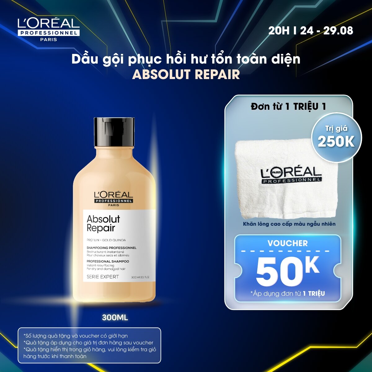 Dầu gội dưỡng tóc mềm mượt & phục hồi hư tổn toàn diện L'Oréal Professionnel Serie Expert Absolut Repair Gold 300ml - Dành cho tóc khô xơ, hư tổn