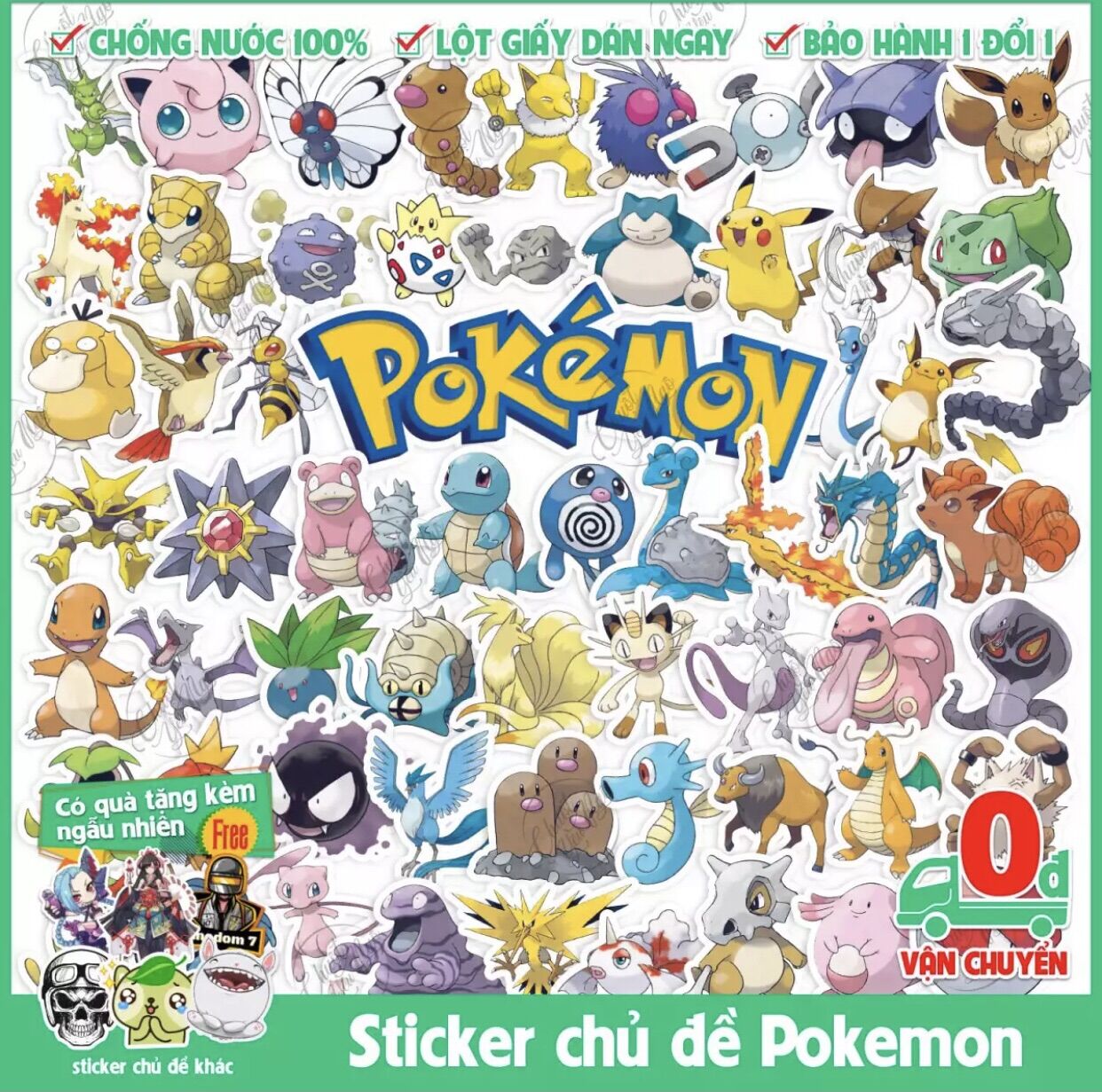 Sticker bộ 151 hình Pokemon decal chống nước dán trang trí điện thoại laptop xe máy