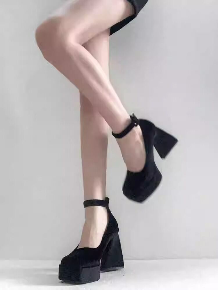Giày Mary Jane Gót Vuông Kiểu Pháp Nhung Tơ Không Mệt Mỏi Giày Cao Gót Barbie Lolita Nữ Giày Một Lớp Xuân Thu Mẫu Mới 2023