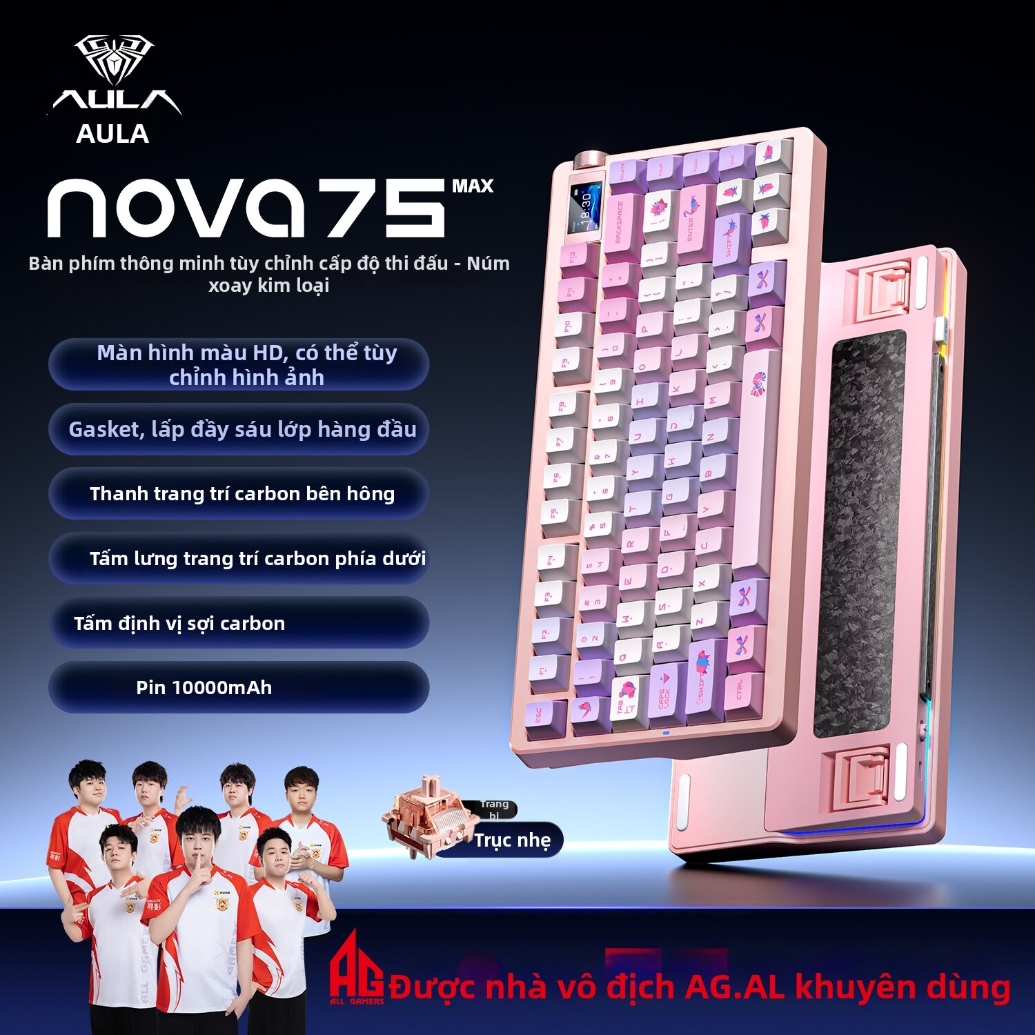 AULA | Bàn Phím Cơ Custom AULA Nova 75 - 3 Chế Độ Kết Nối (Bluetooth/Wireless 2.4G/USB), Layout 75%, Thiết Kế Đẹp Cho Nữ, Dùng Cho Văn Phòng