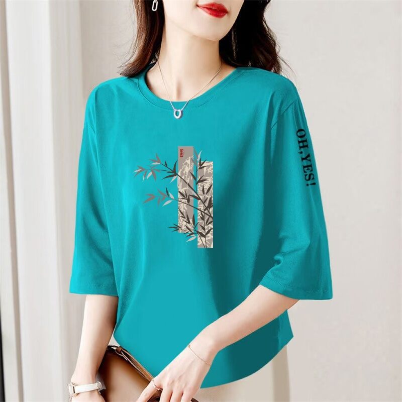 Áo Thun Tay Lửng in Họa Tiết Phong Cách Trung Hoa Rộng Rãi Cho Phụ Nữ Trung Niên Và Cao Tuổi Mùa Hè Thường Ngày