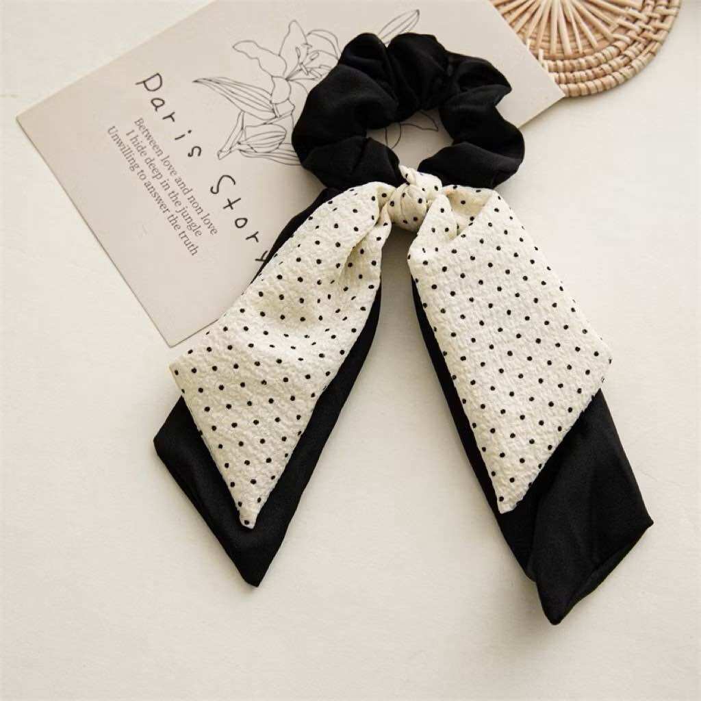 BT7 Dây Buộc Tóc Khăn Lụa Đuôi Dài Chấm Bi Scrunchie Ribbon Hàn Quốc Thanh Lịch, Phong Cách Tiểu Thư Thời Thượng