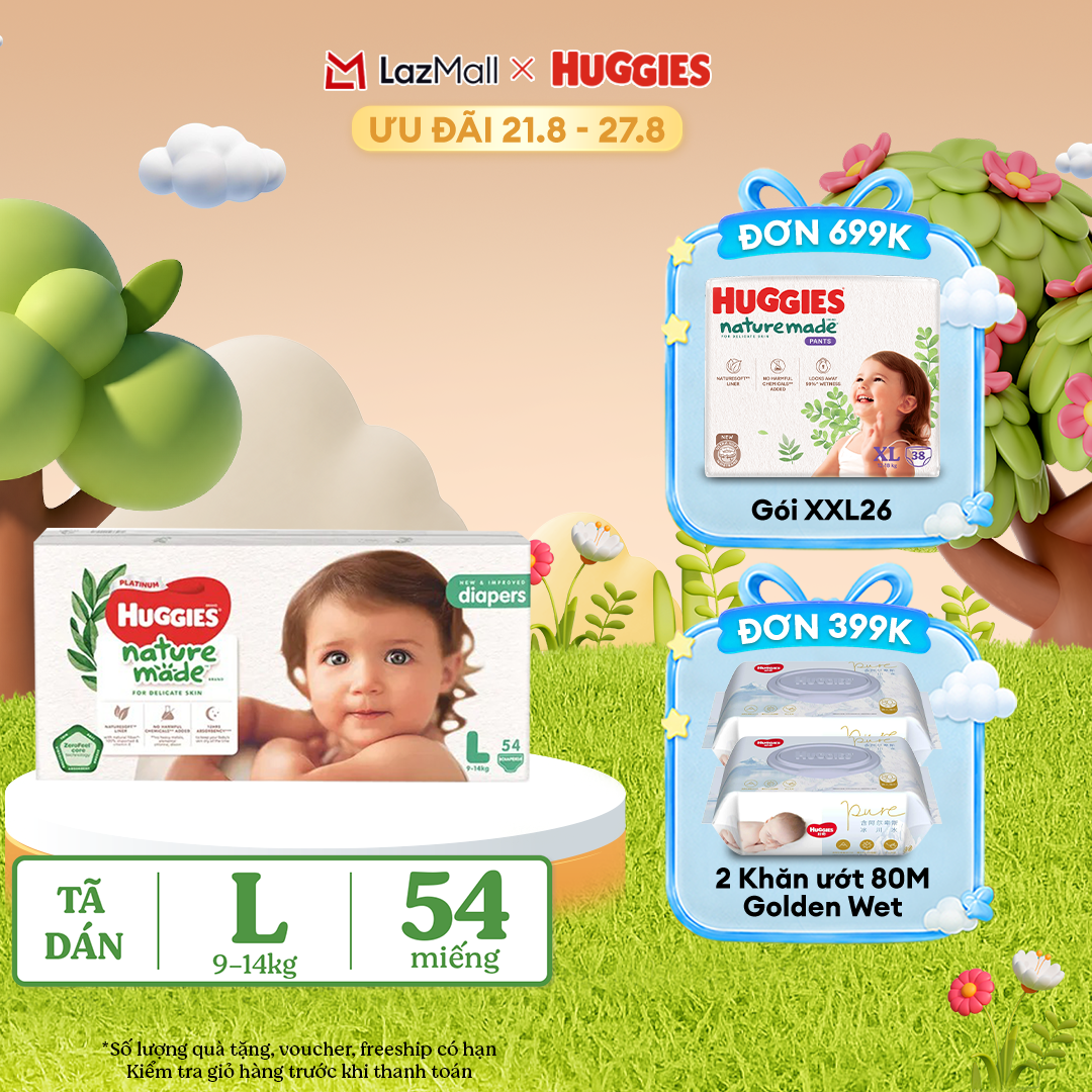 [17-24.08 QUÀ TẶNG ĐƠN 399K] Tã/Bỉm dán HUGGIES PLATINUM NatureMade L54 (9-14kg)-Gói Jumbo 54 miếng