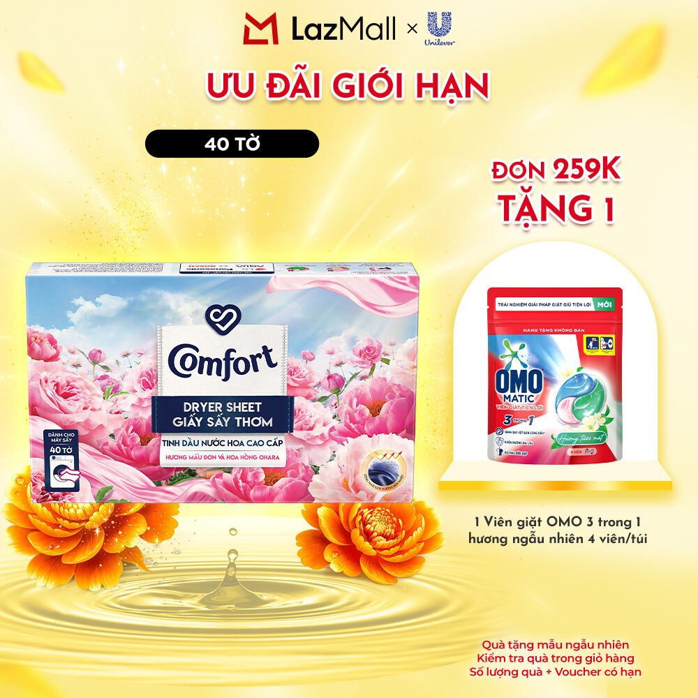 Giấy Thơm Comfort Hương Mẫu Đơn Và Hoa Hồng Ohara 40 tờ, Dành Cho Máy Sấy Quần Áo, Tủ Quần Áo