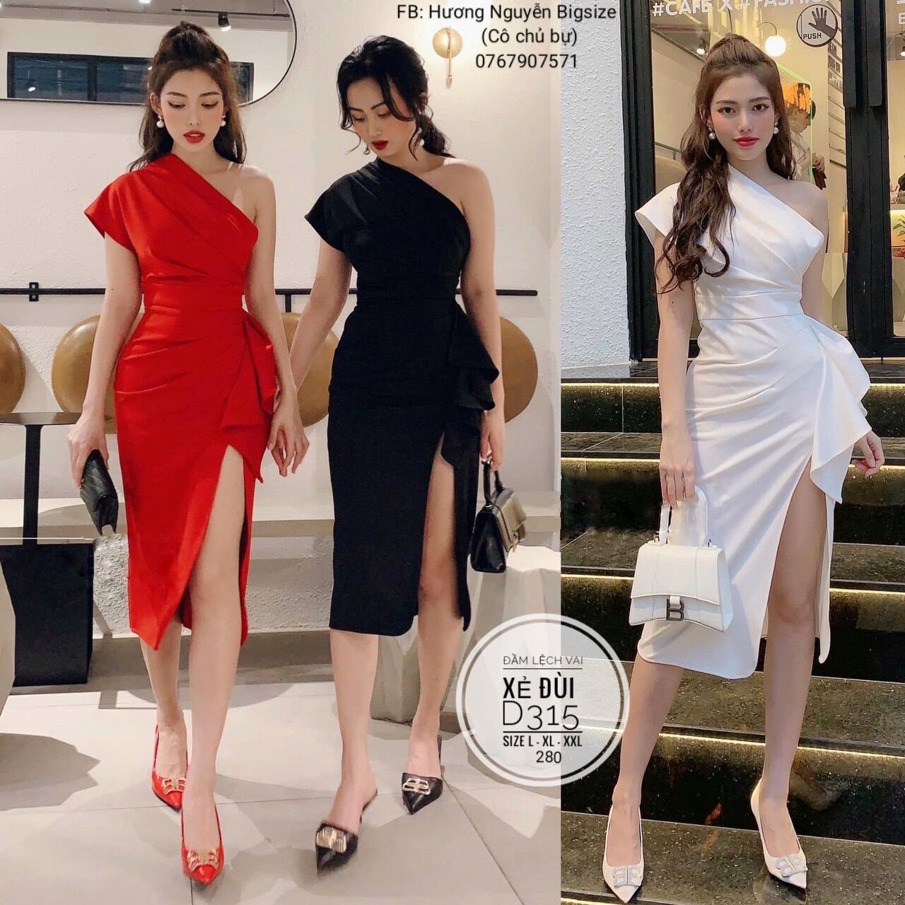 55-90kg bigsize đầm tiệc lệch vai xẻ đùi d315