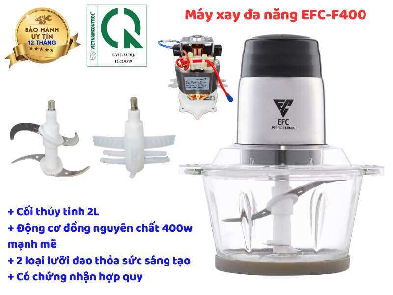 Máy xay đa năng, máy xay thịt, máy xay giò, máy bóc tỏi cao cấp EFC-F400, công suất 400W, cối xay thủy tinh 2L