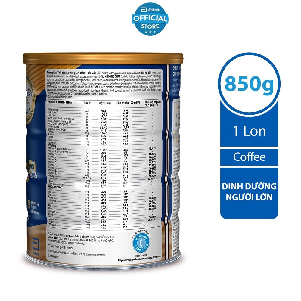 Lon sữa bột Ensure Gold Coffee (HMB) 850g