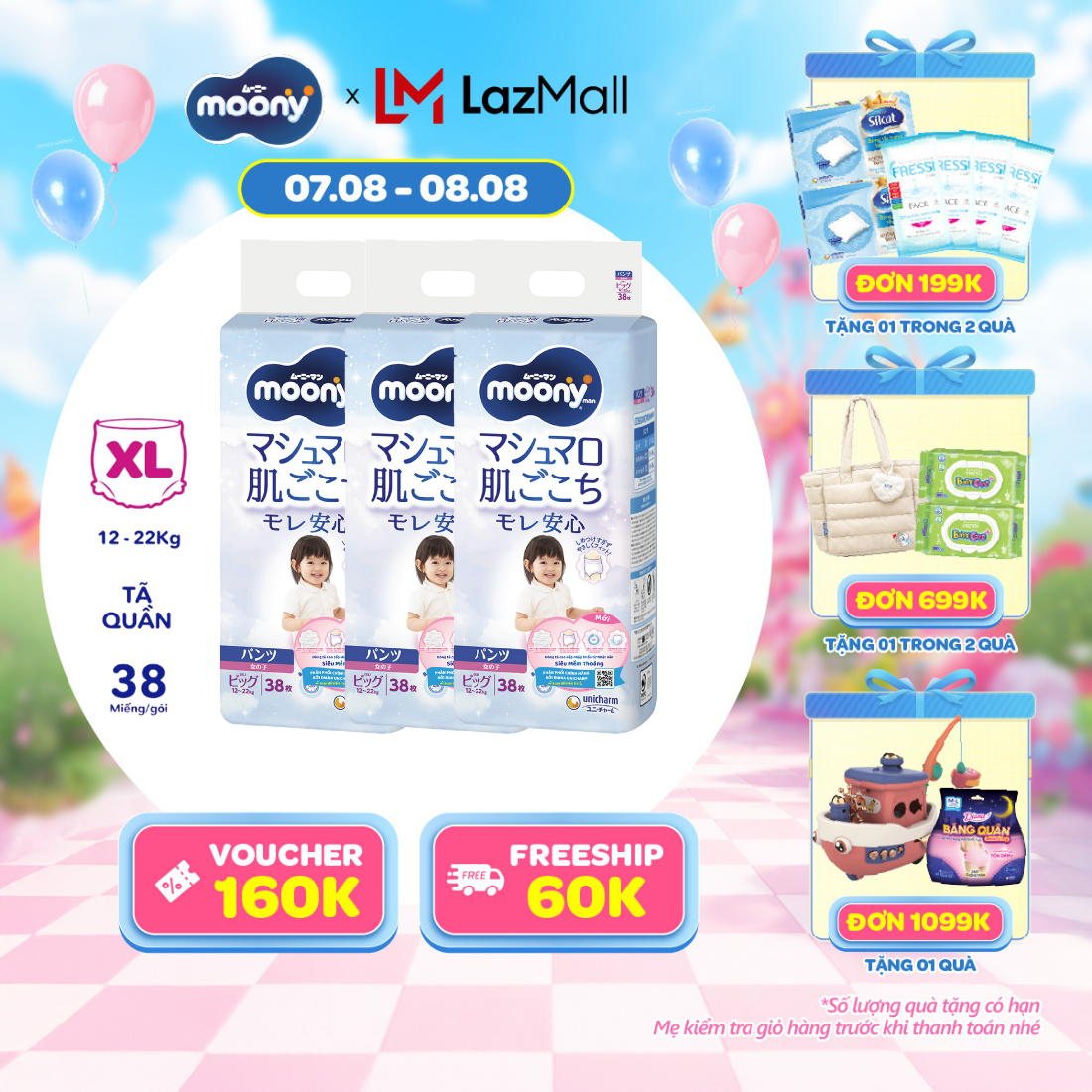 [20g 7-10.8 QUÀ TẶNG SLCH] Combo 3 tã quần cao cấp Moony Bé Gái XL38 miếng - Nhập khẩu từ Nhật Bản
