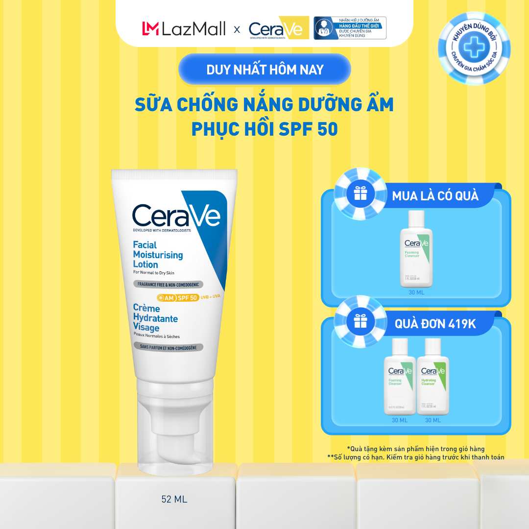 Sữa chống nắng dưỡng ẩm phục hồi SPF50 CeraVe Facial Moisturising Lotion AM 52ml
