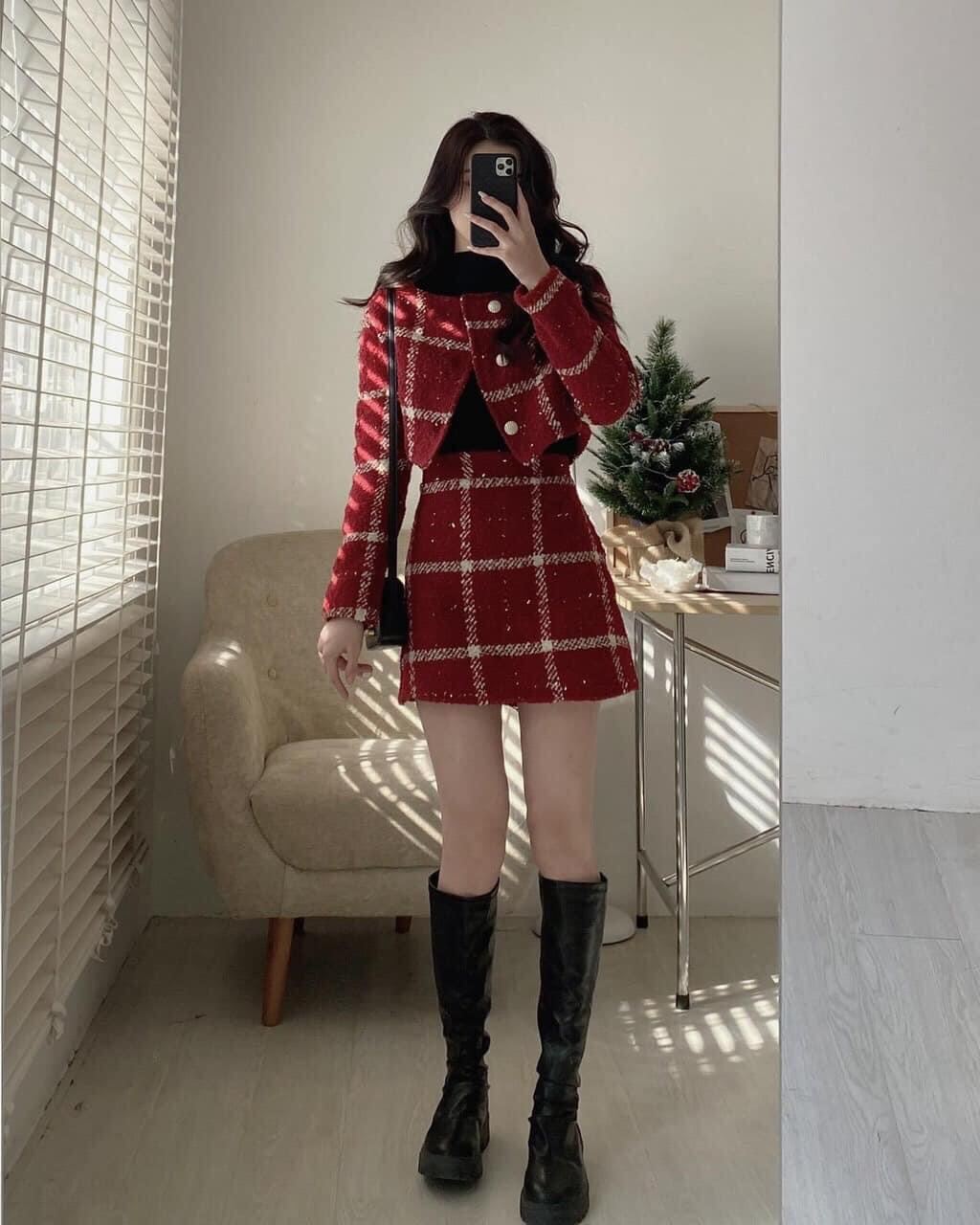 Set dạ kẻ đỏ nữ dày dặn l1
